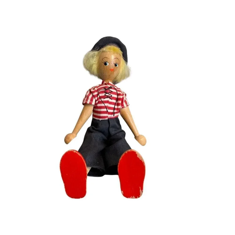 Polish Wooden Peg Doll Vintage 1940-1950’s Sailor Theme 7” tall